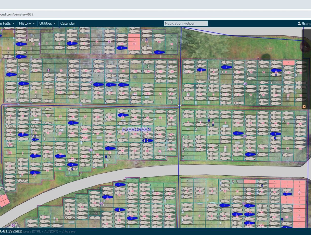 The CIMS Platinum interface shows a cemetery map with burials plotted over a bird's-eye view of cemetery grounds.
