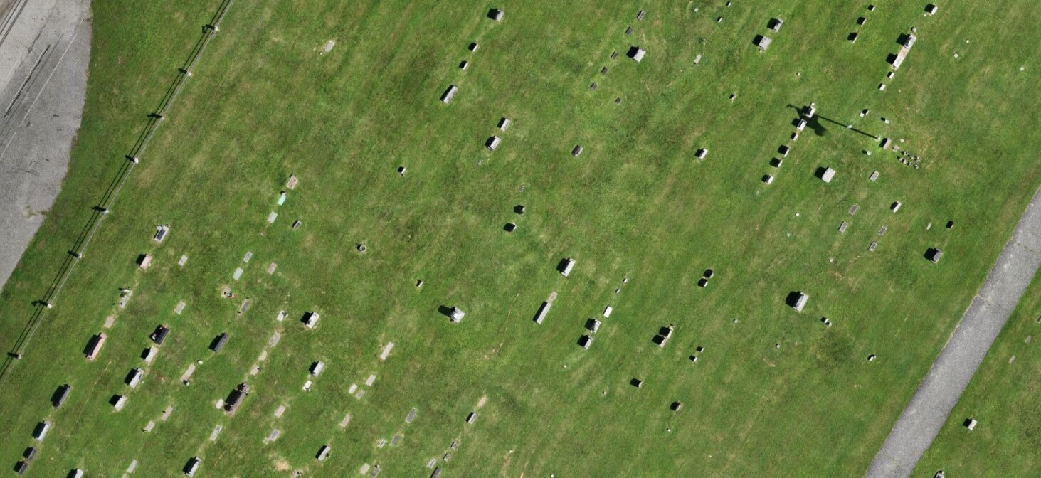 An aerial photograph of cemetery grounds in Charlestown, MD, courtesy of drone imaging.