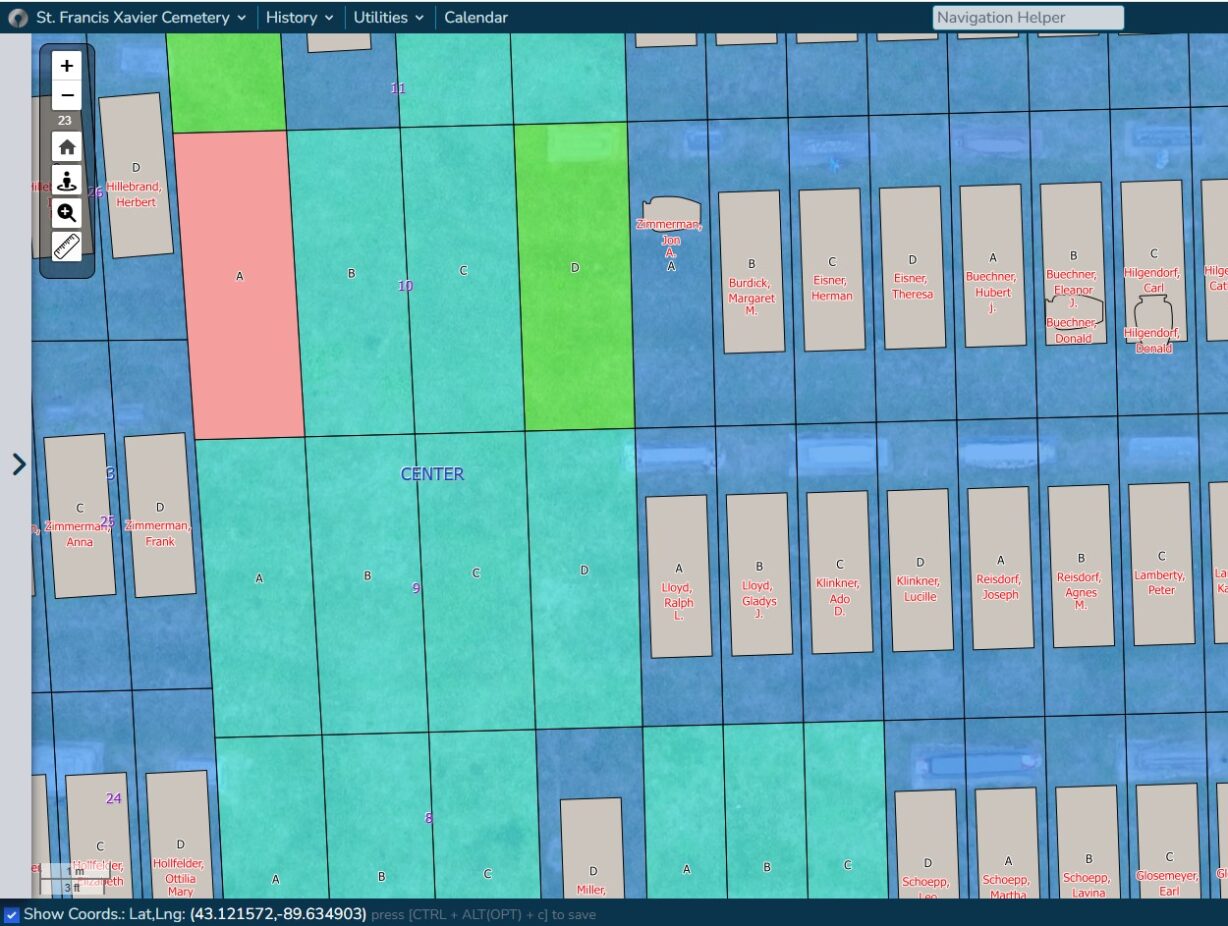 A CIMS Cemetery Software map of St. Francis Xavier Cemetery.