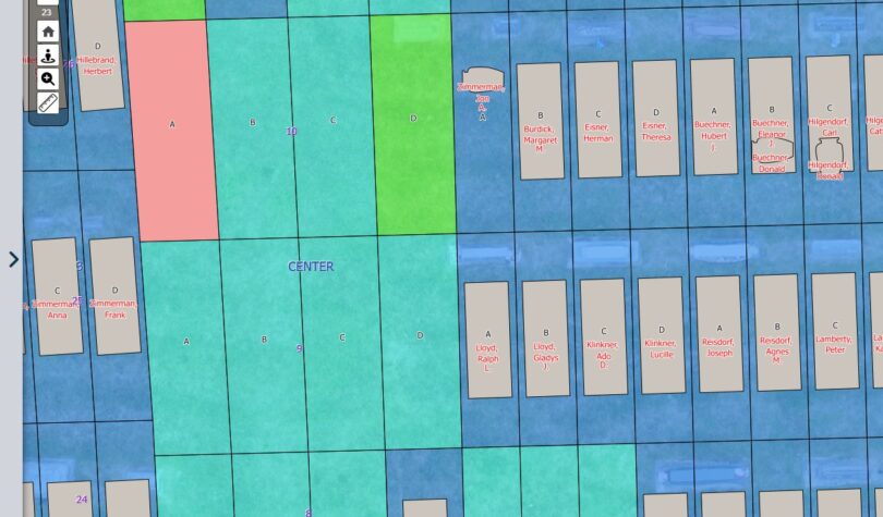 A CIMS Cemetery Software map of St. Francis Xavier Cemetery.