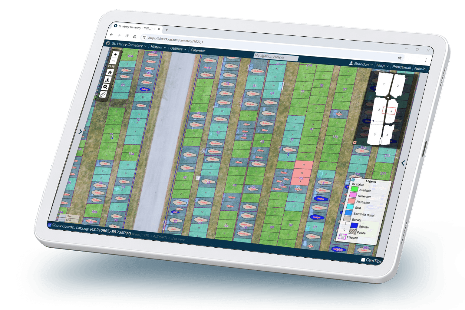 Grave spaces are cleanly mapped on a CIMS Professional GIS smart map.