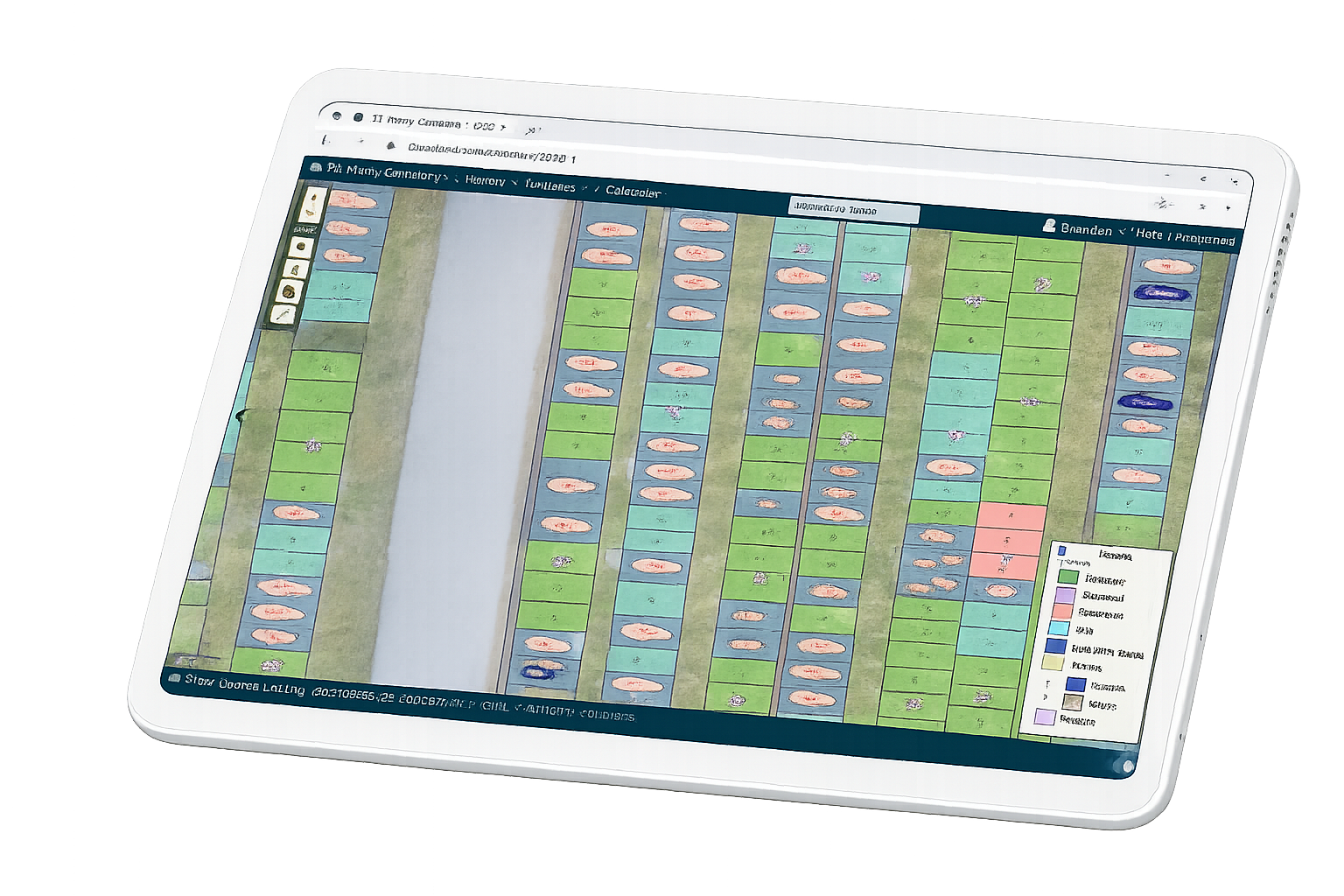 The St. Henry Cemetery map appears on an iPad. Grave spaces are marked in green, blue, and gray.