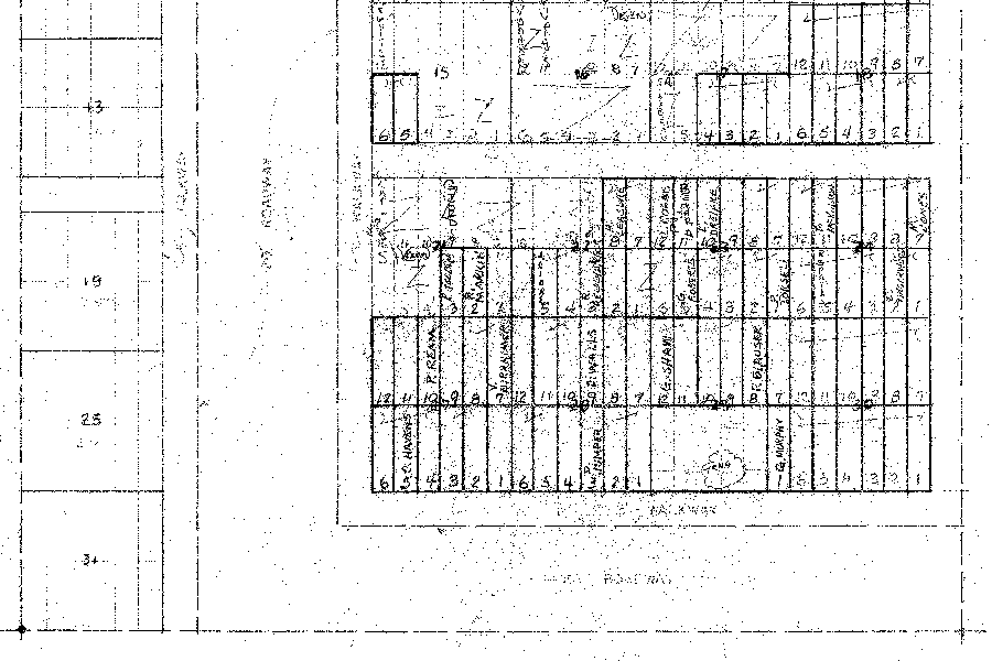 An image of a hand-drawn cemetery map. Rectangular plots are organized in neat blocks with grave owners' names in their corresponding spaces.