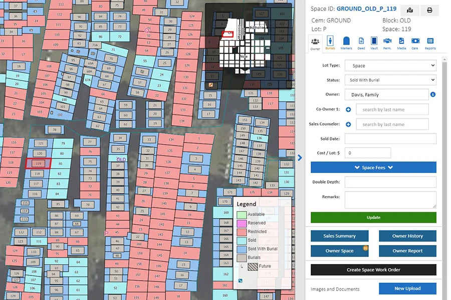 A color-coded burial map generated by CIMS cemetery mapping software.