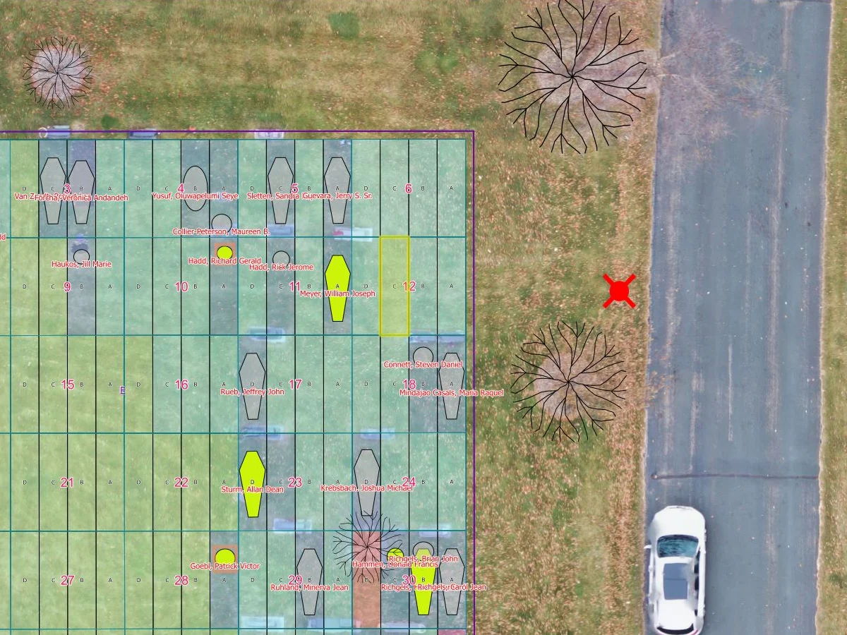 Ground penetrating radar detected anomalies on a digital cemetery map